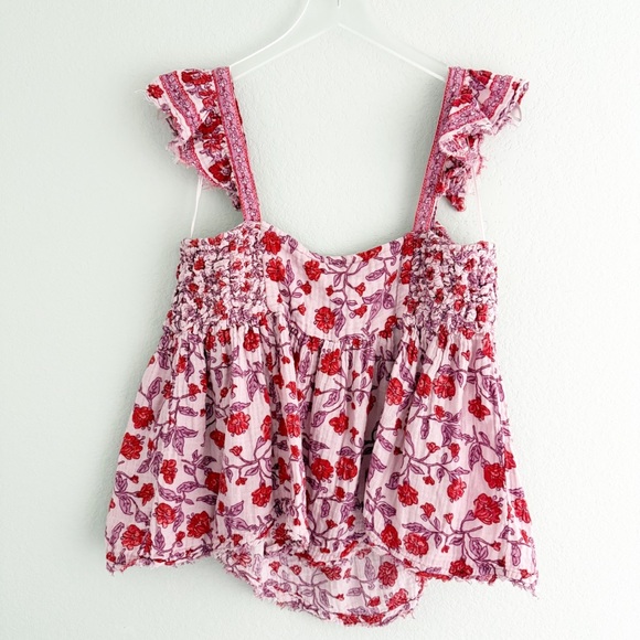 Free People Pink Floral Smock Babydoll Tank Top with Ruffle Sleeves - Picture 3 of 10